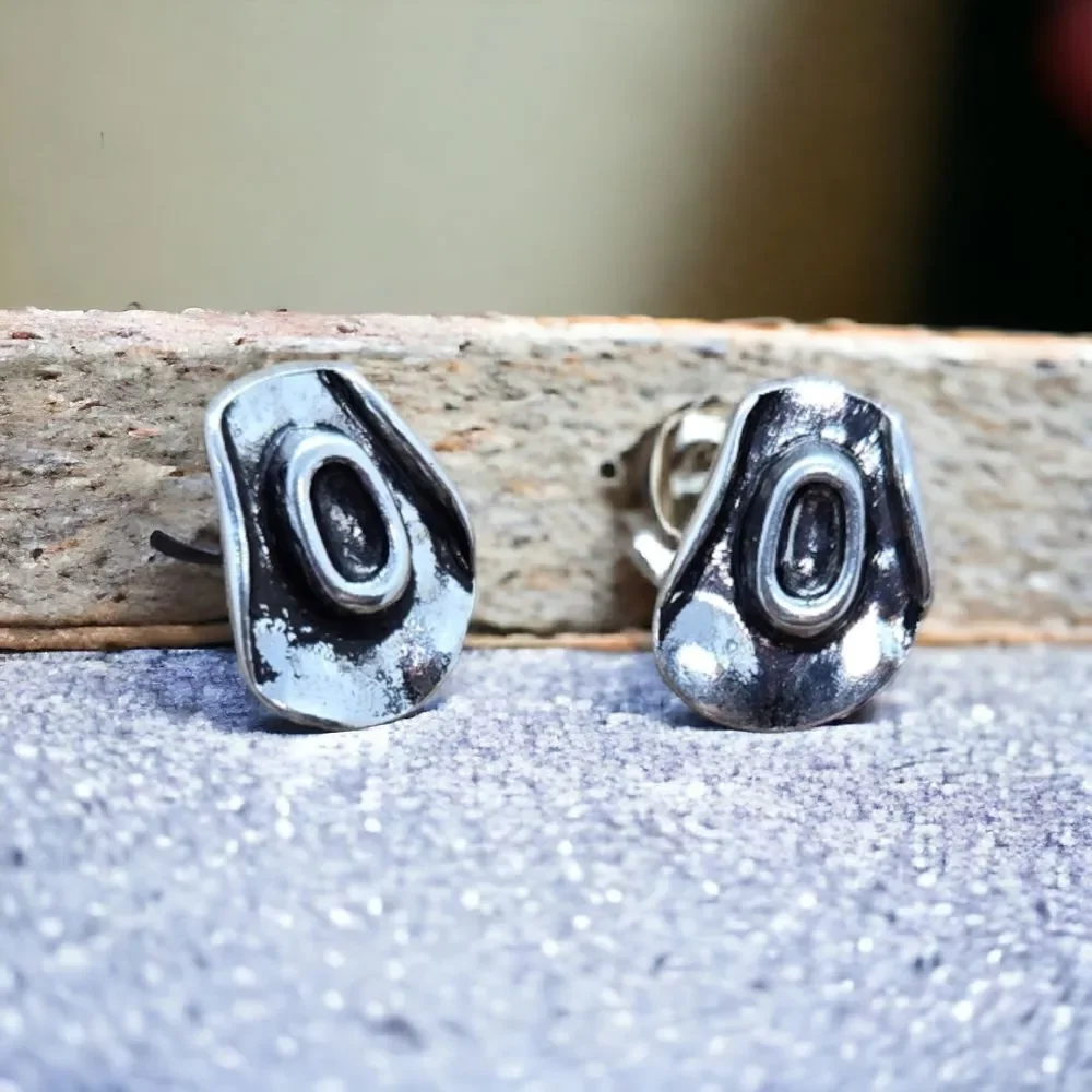 Cowboy Hat Western Stud Earrings Boho Antique Silver Shaped Cowgirl Jewelry New